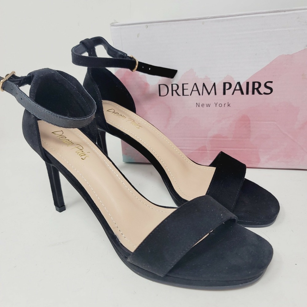 Dream Pairs Womens Pumps Sz 6.5 Black Suede Heels Open Toe Stiletto Stecy-3‎